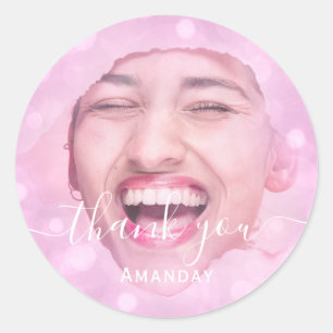 Sticker Rond Merci Photo Anniversaire Fête Rose Blush Rose