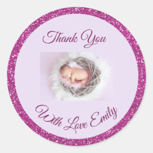 Sticker Rond Merci photo de bébé personnalisé Parties scintilla