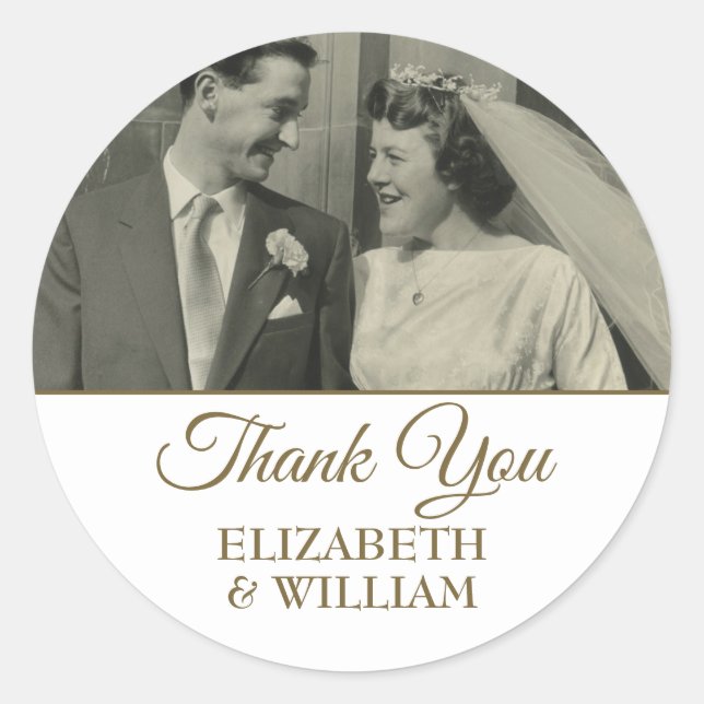 Sticker Rond Merci photo Golden Script Mariage Anniversaire (Devant)