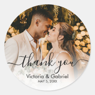 Sticker Rond Merci photo Mariage de script noir chic