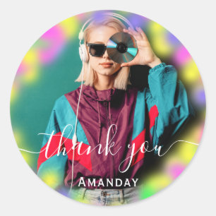 Sticker Rond Merci Photo Néon Rose Fête D'anniversaire Musique 