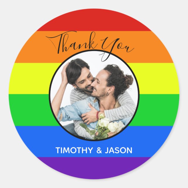 Sticker Rond Merci photo personnalisé Gay pride Rainbow Mariage (Devant)