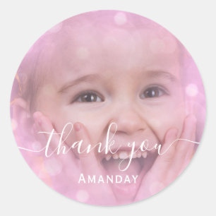 Sticker Rond Merci Photo Rose Fête d'anniversaire Filleul