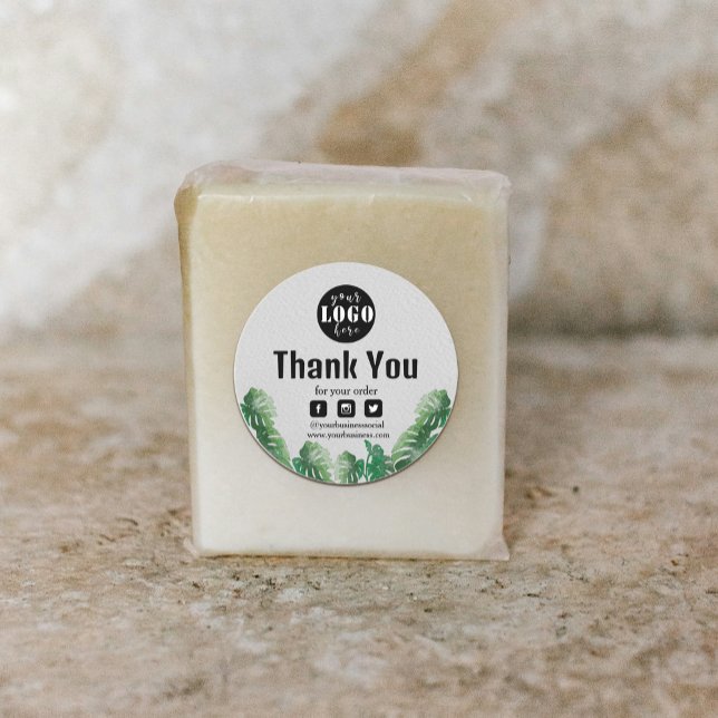 Sticker Rond Merci Plante vert aquarelle (Watercolor Green Plant Thank You Classic Round Sticker #WildTropical#greenleaves#plantsprodustlabel)