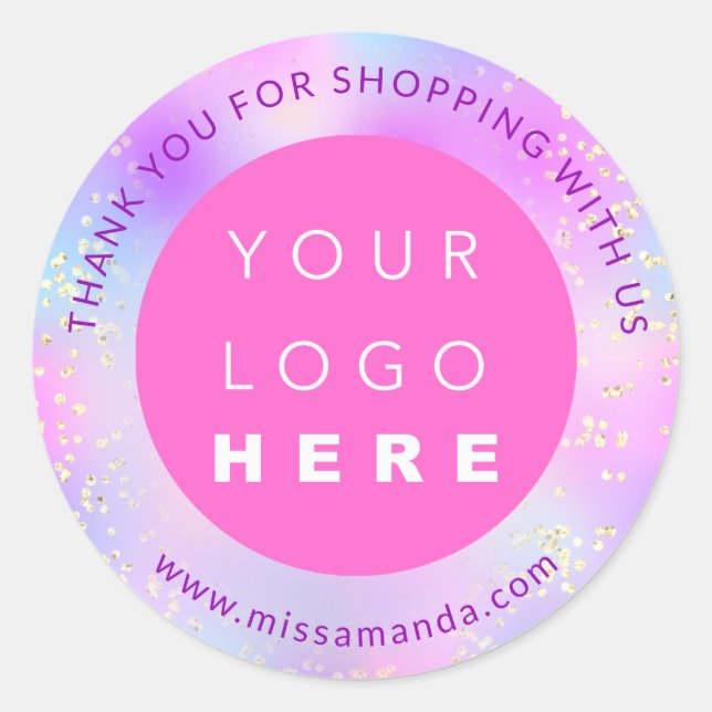 Sticker Rond Merci Pour Acheter Ajouter Logo Holographe Rose (Devant)