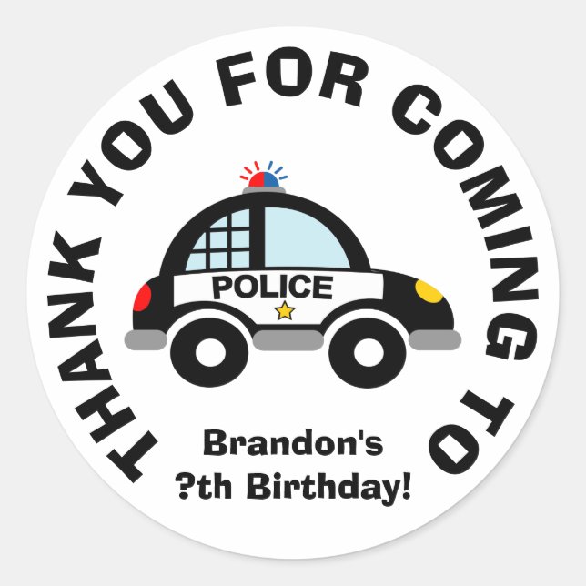 Sticker Rond Merci pour la police à venir fête d'anniversaire (Devant)