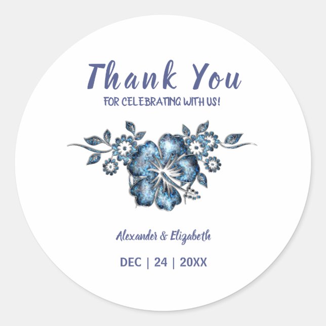 Sticker Rond Merci pour Mariage à venir, Fleur Bleue (Devant)