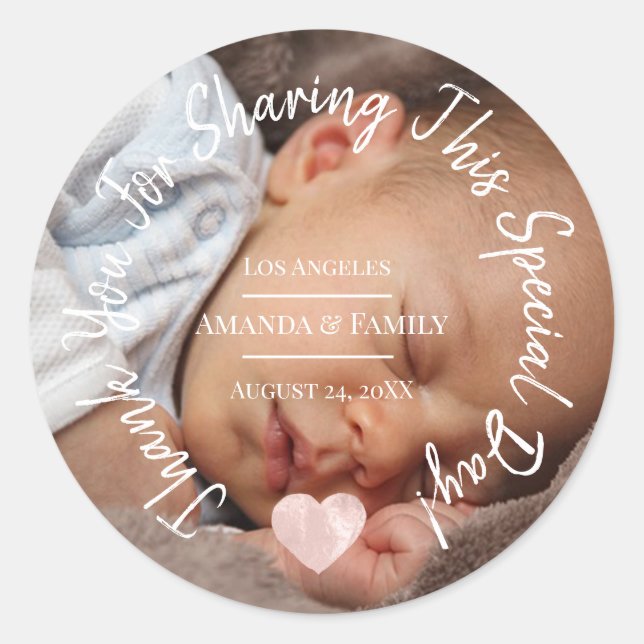Sticker Rond Merci Pour Partager Ce Jour Spécial Coeur Bébé (Devant)