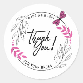 Sticker Rond Merci pour votre commande avec papillon rose