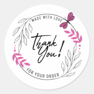 Sticker Rond Merci pour votre commande avec papillon rose