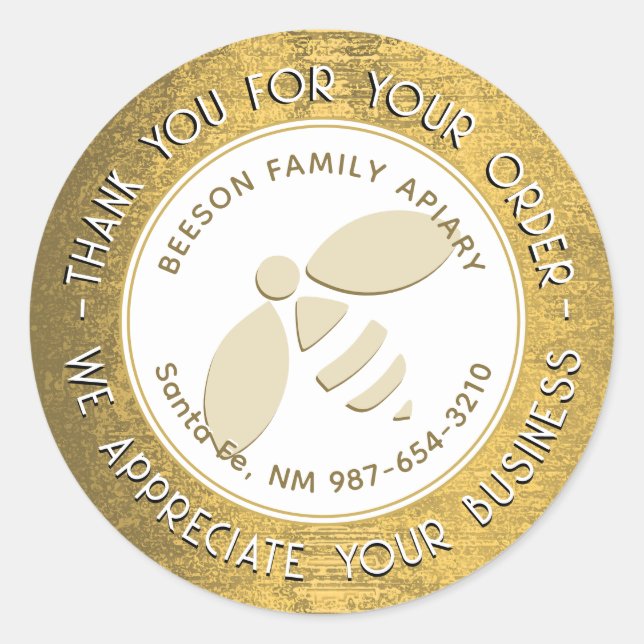 Sticker Rond Merci pour votre commande Gold bee Apiary Nom (Devant)