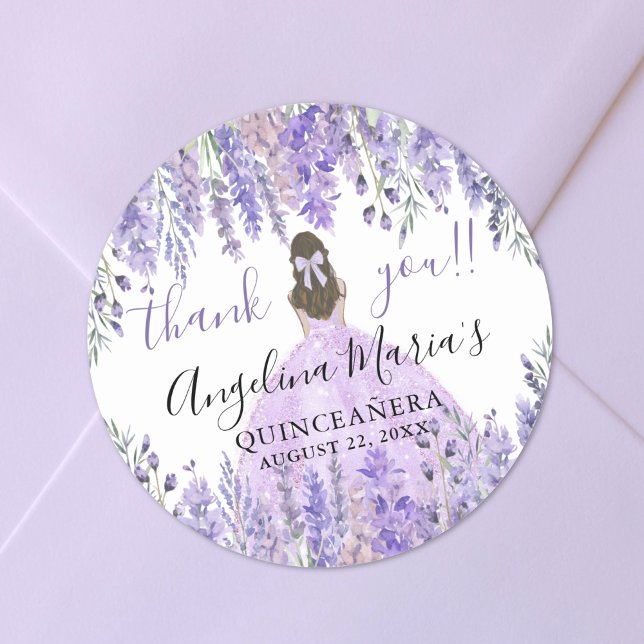 Sticker Rond Merci pourpre Floral Quinceanera (Purple Thank You Floral Quinceanera Classic Round Sticker)