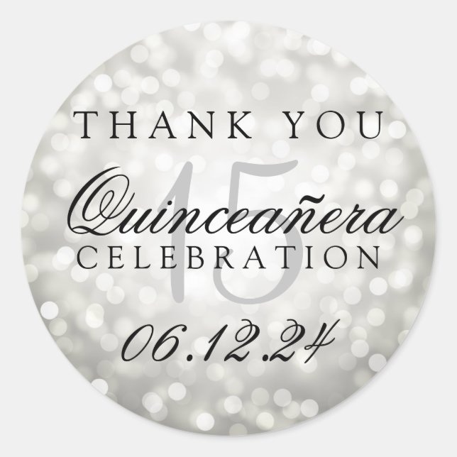 Sticker Rond Merci Quinceanera Anniversaire Silver Bokeh Lumièr (Devant)