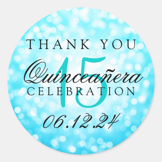 Sticker Rond Merci Quinceanera Lumières Turquoise Bokeh (Devant)