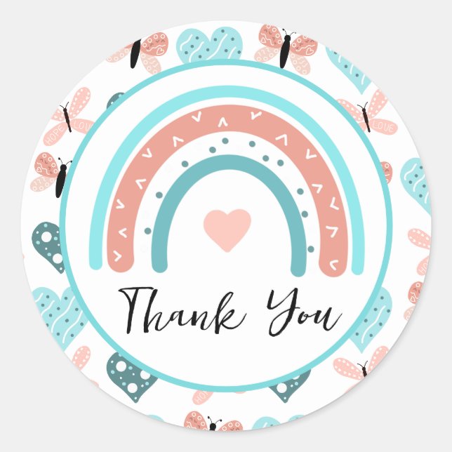 Sticker Rond Merci Rainbows, papillons et coeurs (Devant)