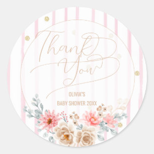 Sticker Rond Merci rayures roses Fille Baby shower