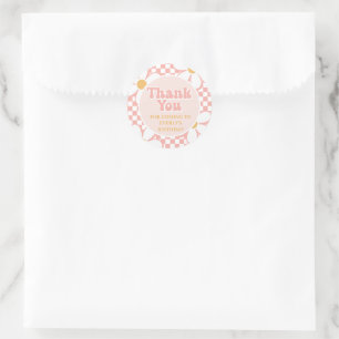 Sticker Rond Merci rétro Pink Daisy Checker