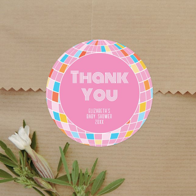 Sticker Rond Merci Retro Pink Disco Ball Girl Baby shower (Créateur téléchargé)