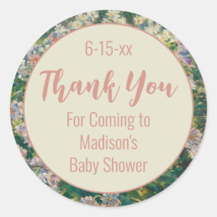 Sticker Rond Merci rose et vert Baby shower floral