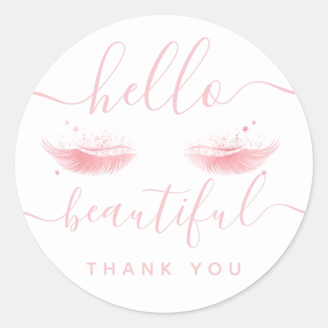 Sticker Rond Merci Rose Gold Eyelashes "Hello Beautity" (Devant)