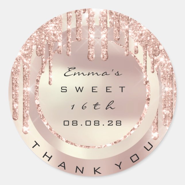 Sticker Rond Merci Rose gouttes doux 16e Parties scintillant 15 (Devant)