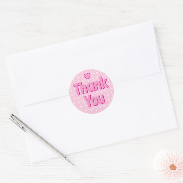 Sticker Rond Merci rose gras avec grille blanche (Enveloppe)