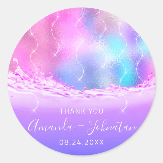 Sticker Rond Merci Rose Nom Date Spark Ocean Waves Pink (Devant)