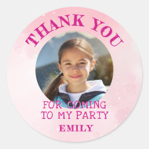 Sticker Rond Merci rose photo d'anniversaire fille