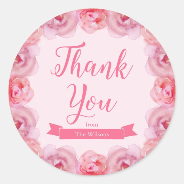 Sticker Rond Merci Rose rose Aquarelle (Devant)