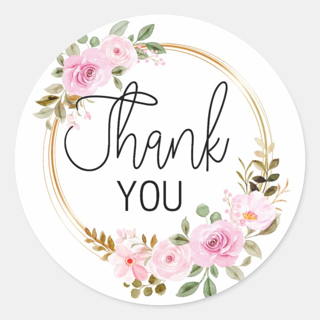 Sticker Rond Merci Rose Rose Rose Floral Wreath (Devant)