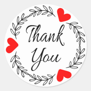 Sticker Rond Merci Rouge Coeur Noir Laurel Feuille couronne