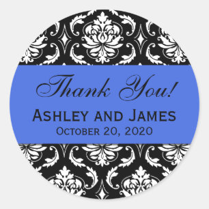 Sticker Rond Merci Royal Blue Black Mariage Damask