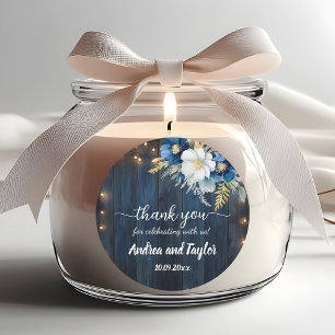 Sticker Rond Merci Rustique Bleu Bois Blanc Floral Mariage