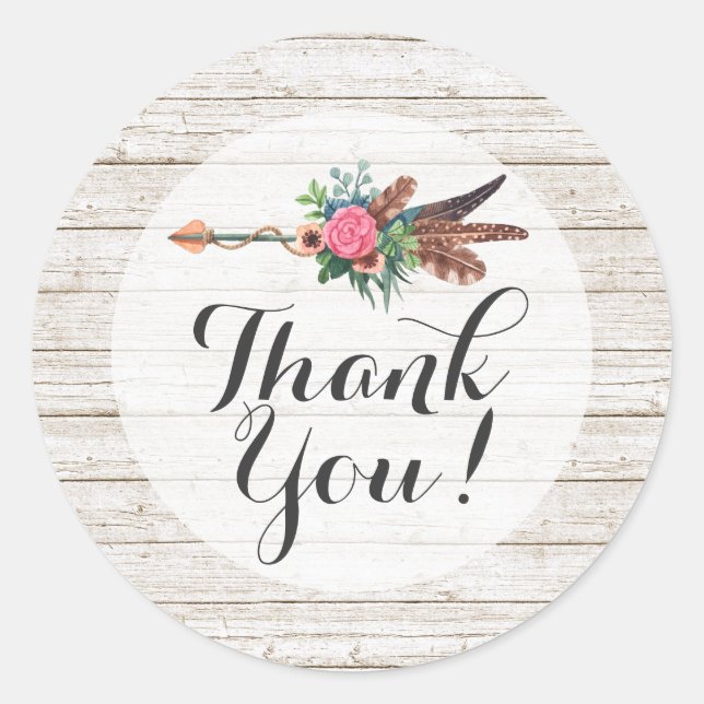 Sticker Rond Merci Rustique Bohème Plumes Arrow Mariage (Devant)