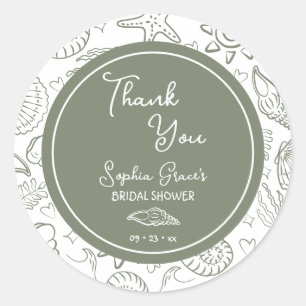 Sticker Rond Merci Sage Green Seashells Doodles