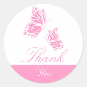 Sticker Rond Merci simple à papillon rose