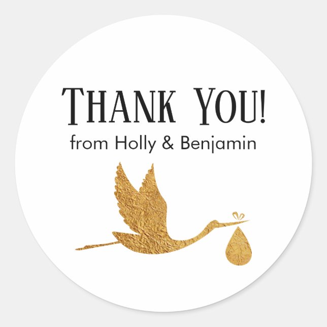 Sticker Rond Merci simple Faux Gold Stork ! Baby shower (Devant)