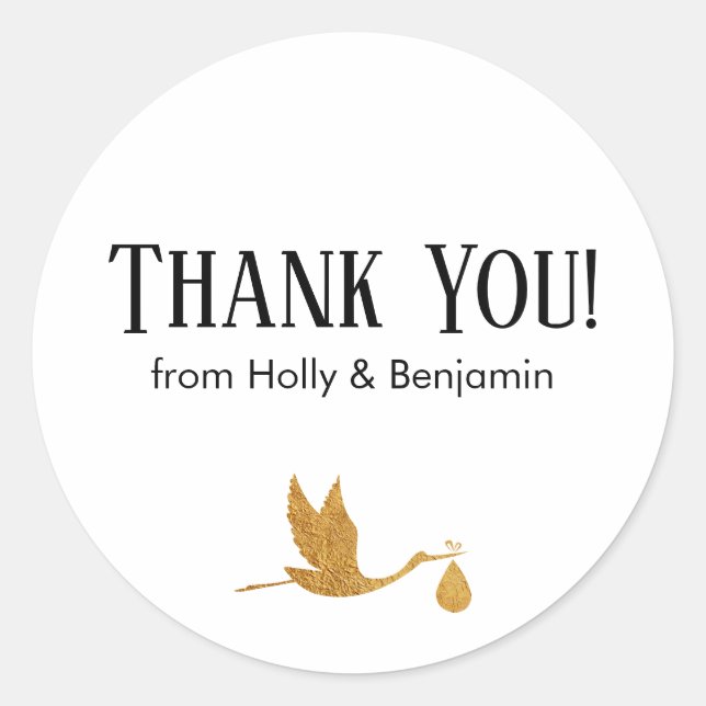 Sticker Rond Merci simple Faux Gold Stork ! Baby shower (Devant)