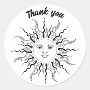 Sticker Rond Merci soleil rétro vintage face aux rayons ondulés