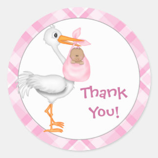 Sticker Rond Merci Stork & Baby Girl (peau foncée)