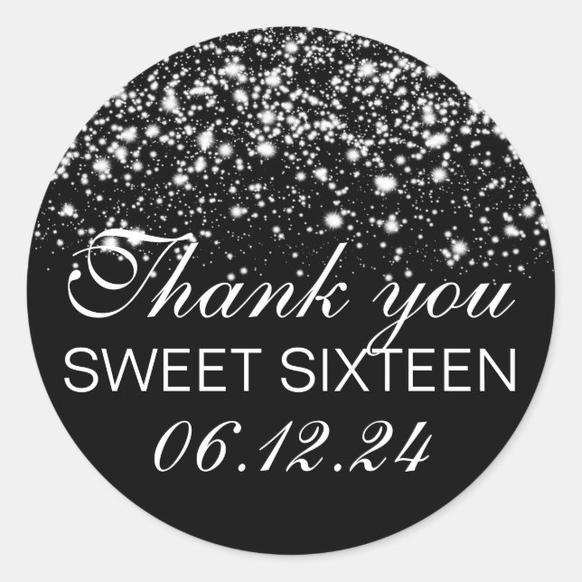 Sticker Rond Merci Sweet 16 Minuit Glam Silver (Devant)