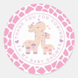 Sticker Rond Merci Sweet rose bébé fille Baby shower Giraffe