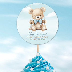 Sticker Rond Merci Teddy Bear Baby shower garçon