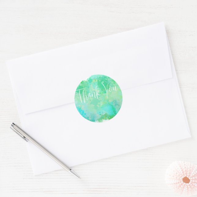 Sticker Rond Merci tendance bleu vert et jaune aquarelle (Enveloppe)