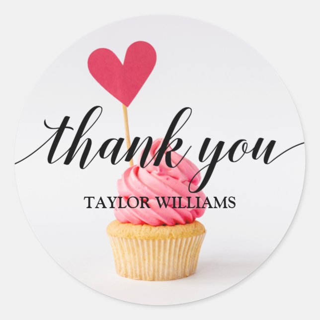 Sticker Rond Merci Texte Coeur rose Cupcake (Devant)