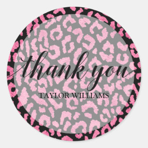 Sticker Rond Merci Texte rose noir léopard