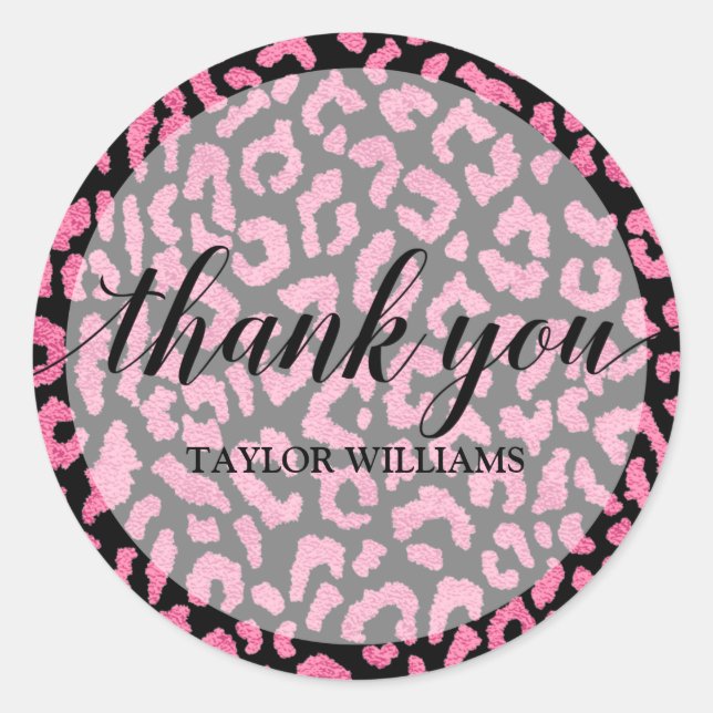 Sticker Rond Merci Texte rose noir léopard (Devant)
