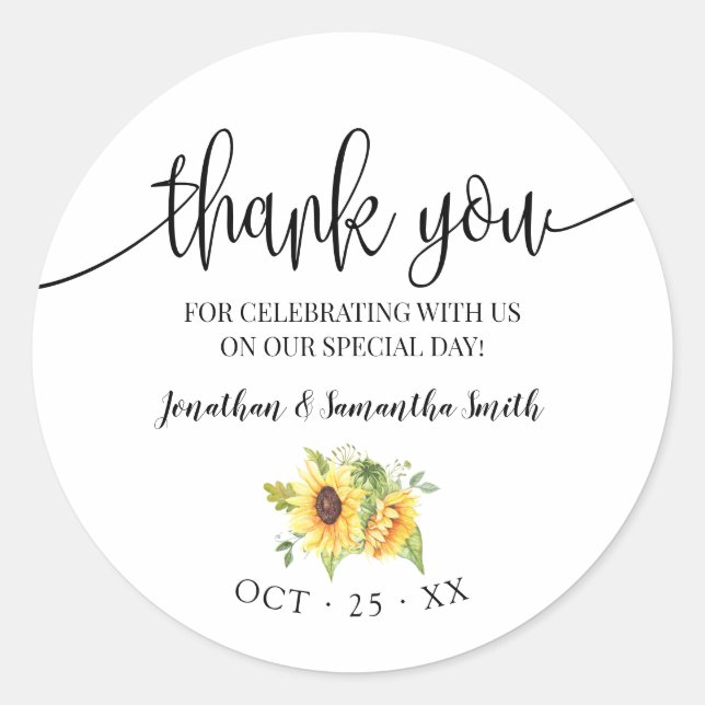 Sticker Rond Merci tournesol floral boho chic mariage (Devant)