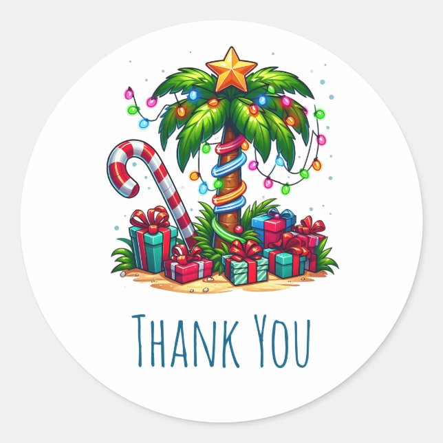 Sticker Rond Merci tropique de palmier de Noël (Devant)