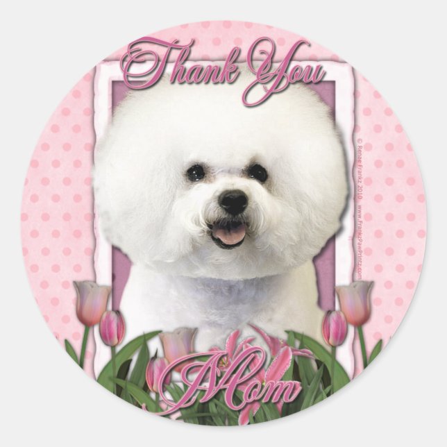 Sticker Rond Merci - Tulipes roses - Bichon Frise (Devant)